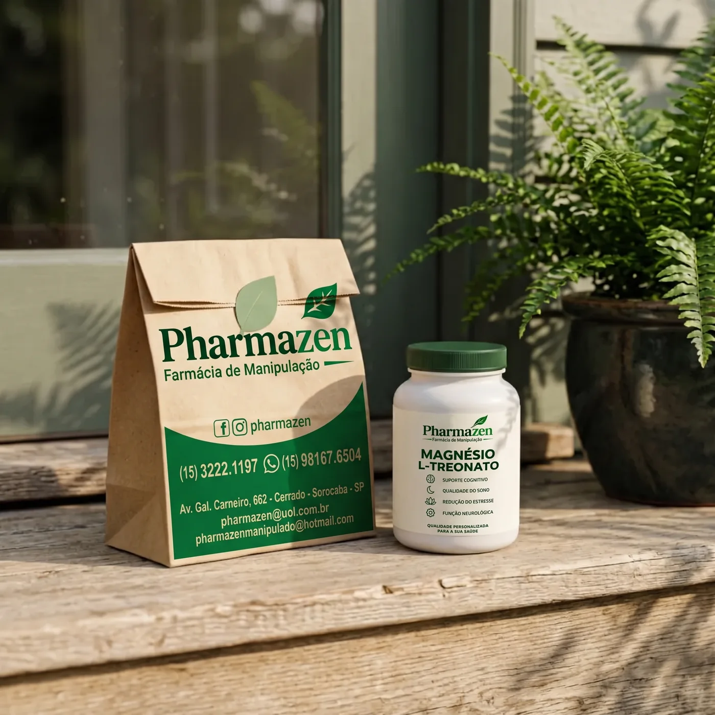 Sacola kraft e pote de Magnésio L-Treonato com o logo da Pharmazen