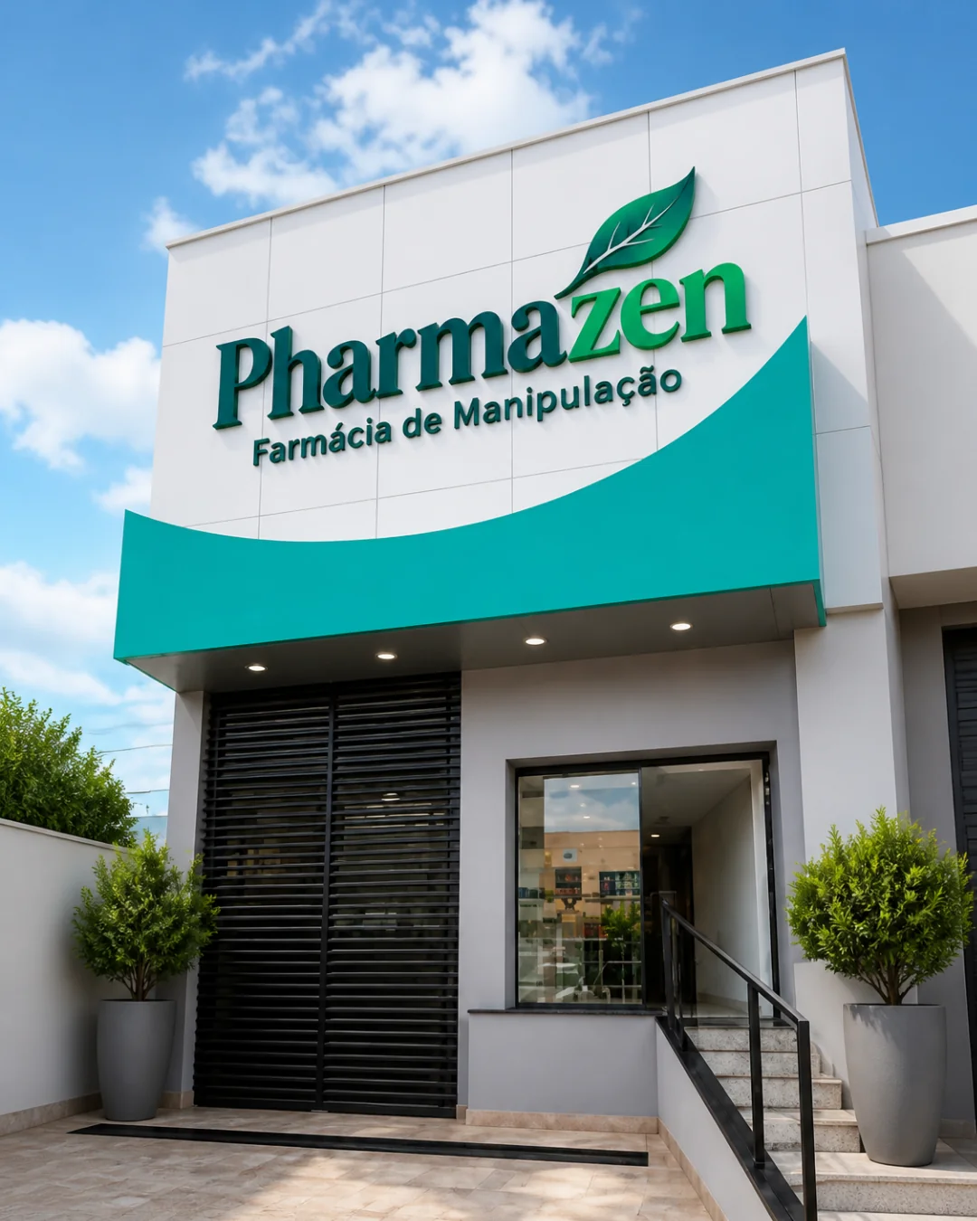 Fachada da Pharmazen na Av. General Carneiro, com a placa Pharmazen Farmácia de Manipulação e a marquise verde