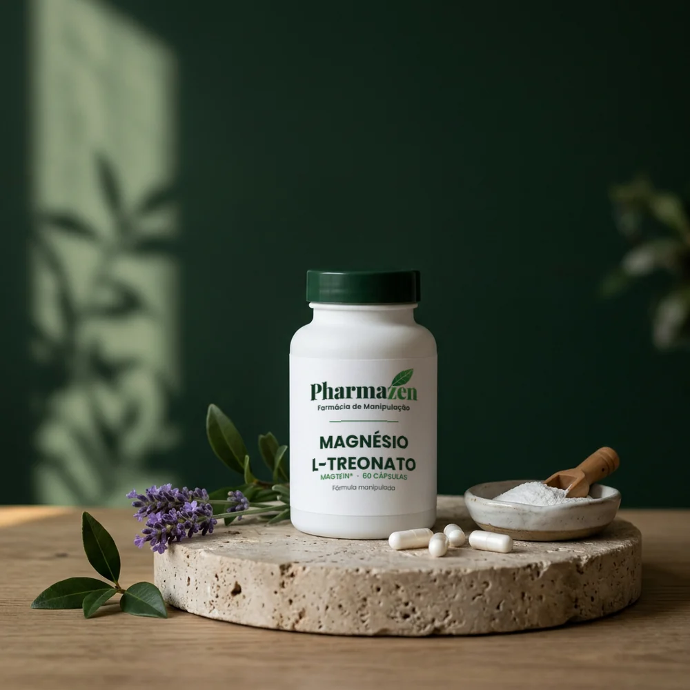 Pote de Magnésio L-Treonato da Pharmazen sobre pedra, com cápsulas e lavanda