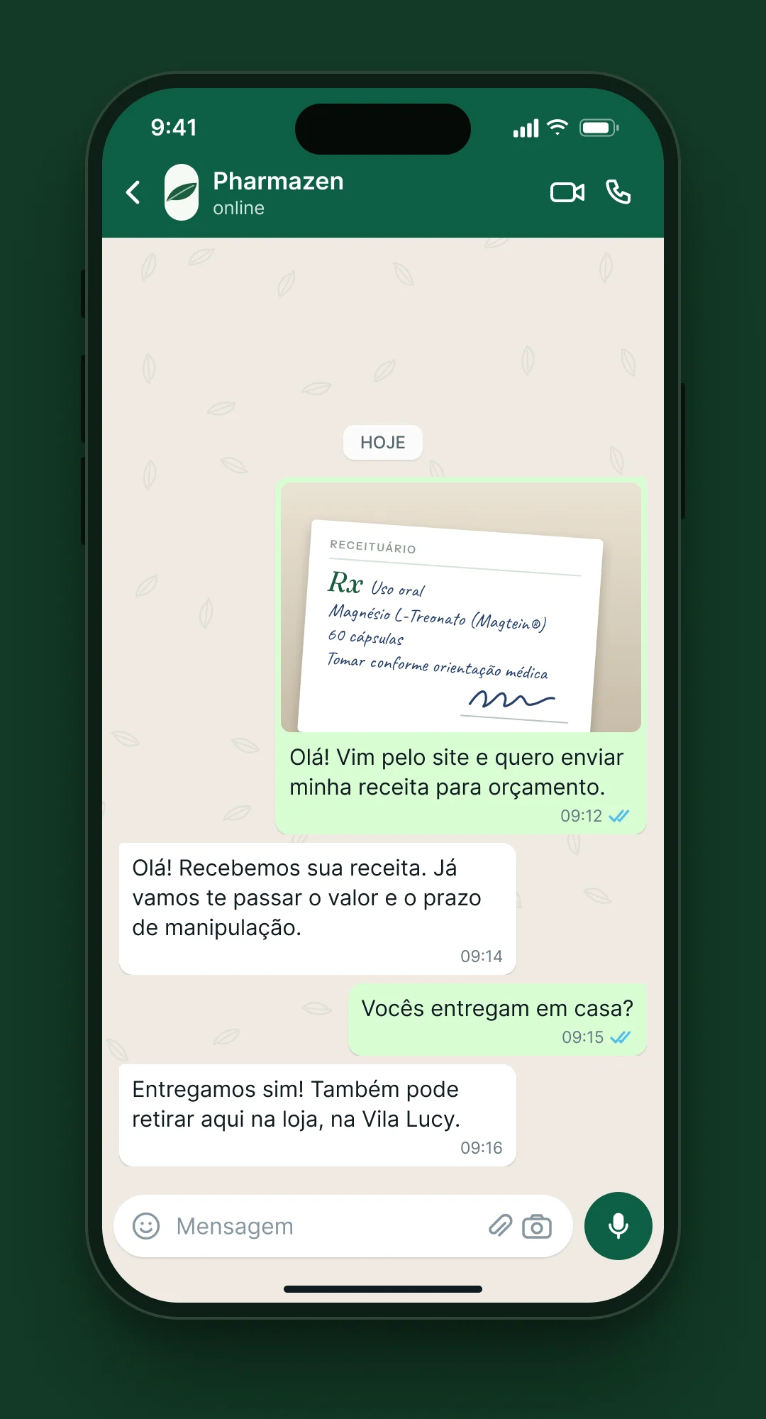 Celular com conversa no WhatsApp: cliente envia a foto da receita pedindo orçamento, a Pharmazen confirma o recebimento e informa que entrega em casa ou o cliente retira na loja da Vila Lucy.
